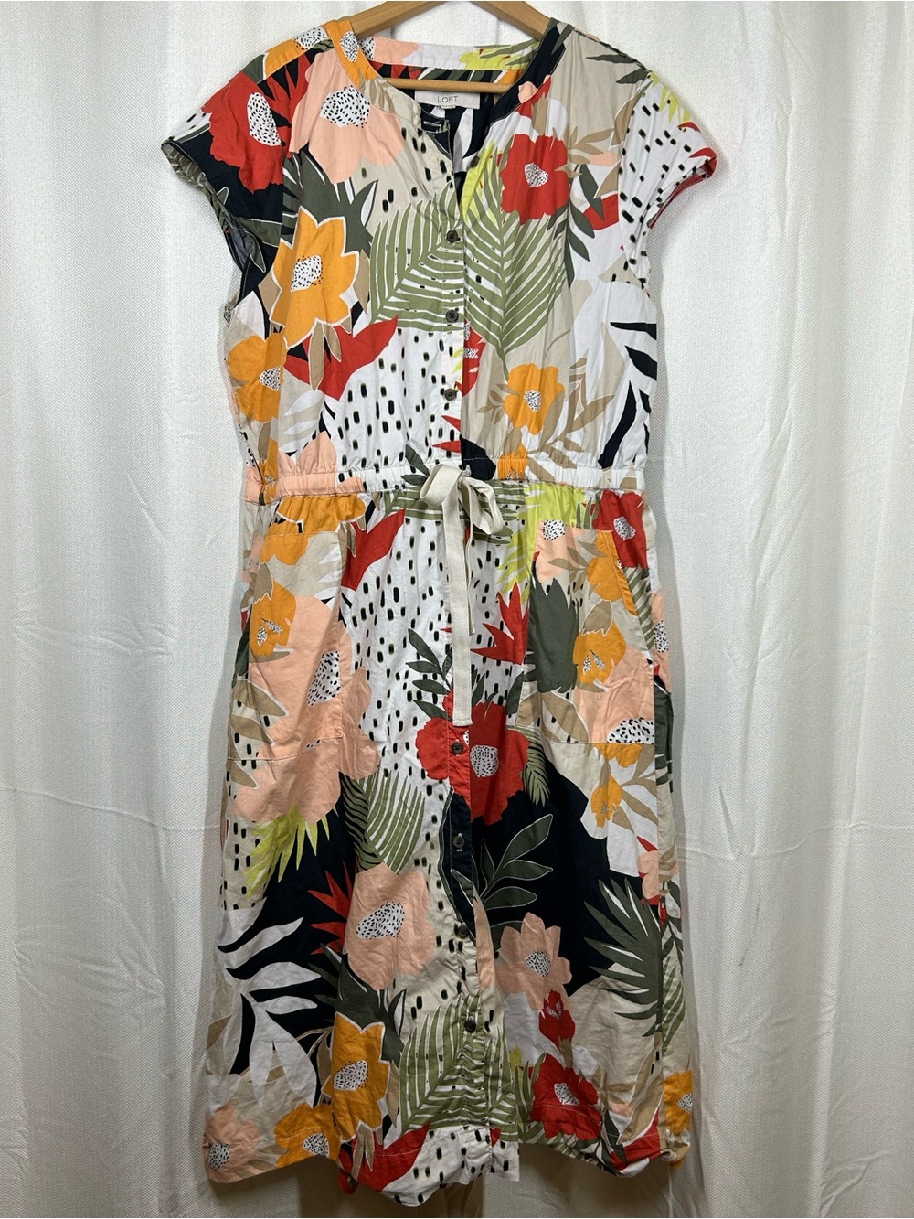 Loft Tropical Floral Button Front Midi Dress Tie Waist No Sz Tag See Measurement